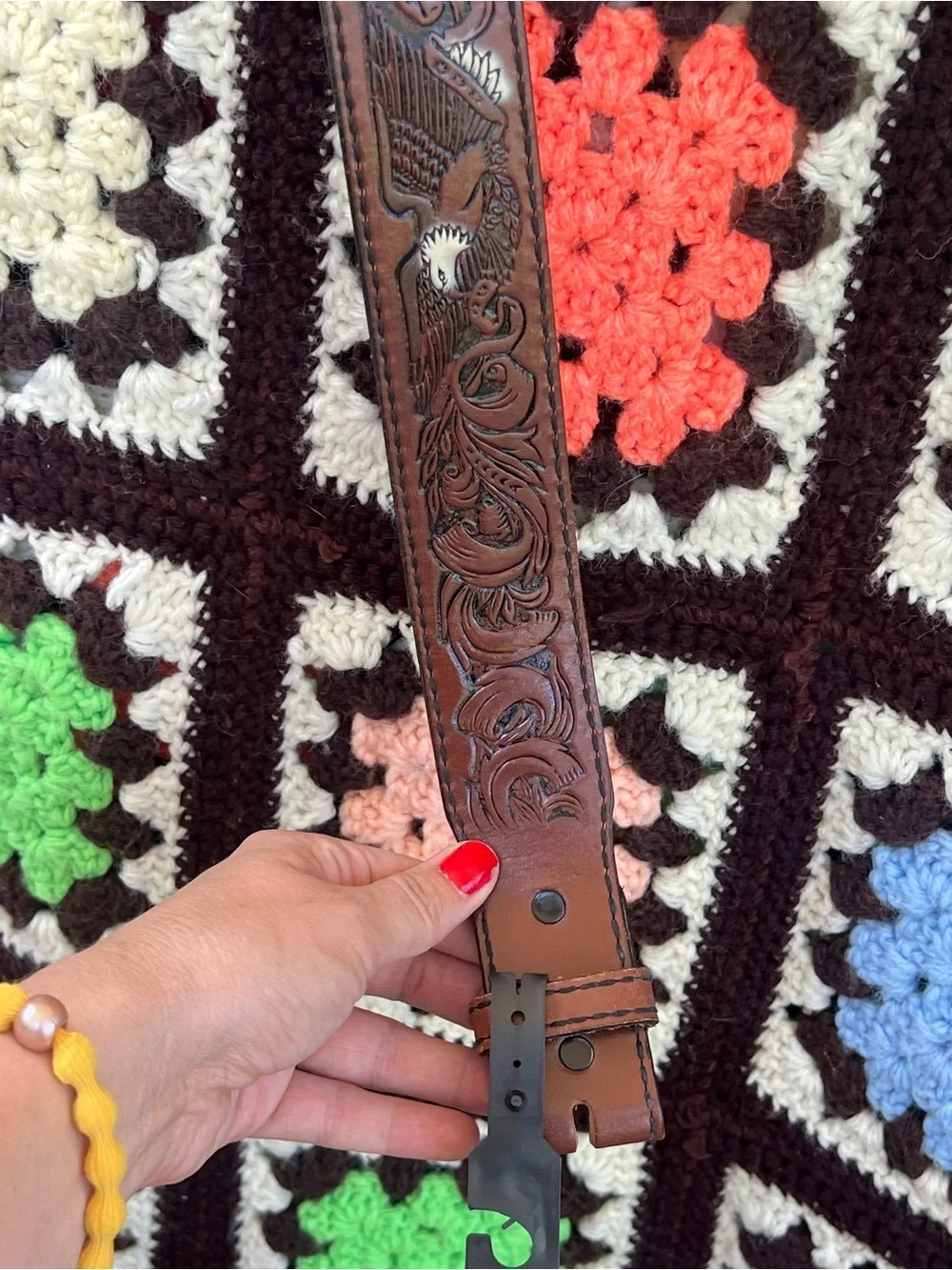 Vintage Eagle Embossed Leather Belt Strap Size 36 Brown Western USA No Buckle